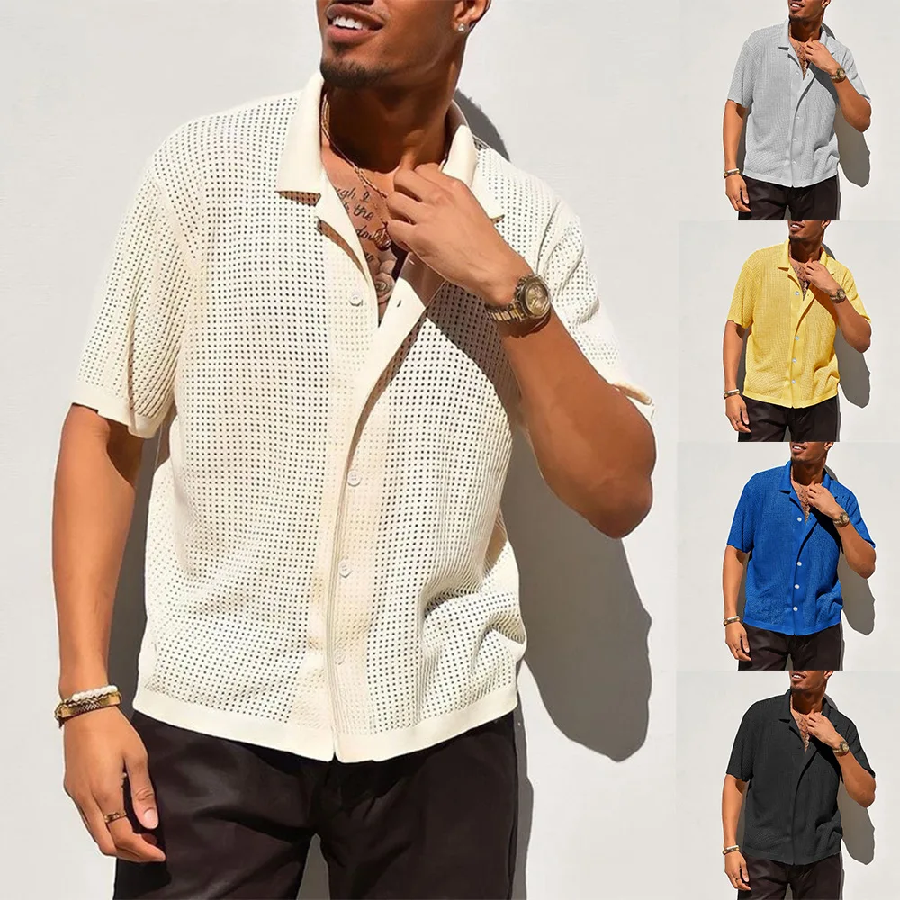 Men's Casual Knit Shirt Summer New Solid Color Lapel Cut-out Breathable Male Short Sleeve Top