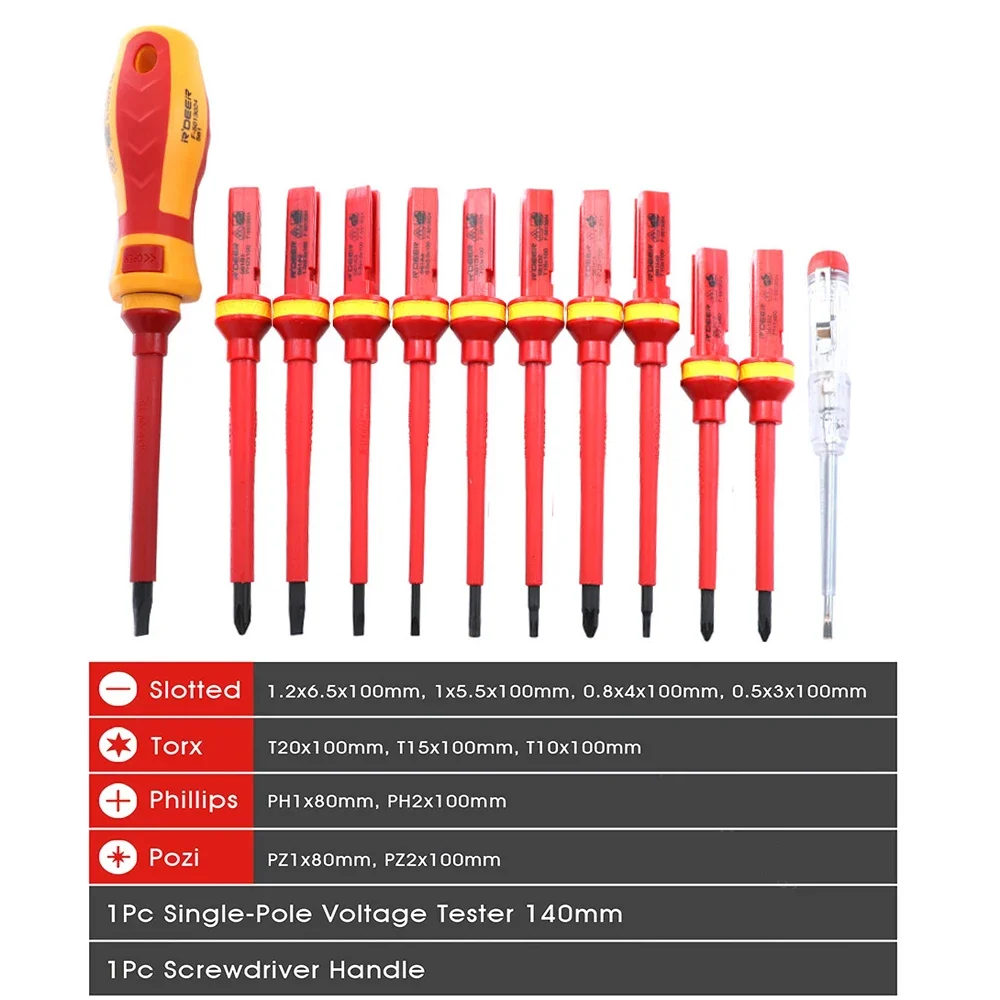 Electrician Repair Tools Kit 13pcs 1000V Changeable Insulated Screwdrivers Set with Magnetic Slotted Phillips Pozidriv Torx Bits