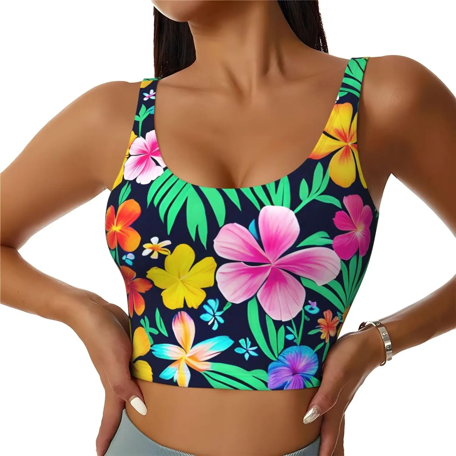 Colorful Flowers Printed Women's Sports Tank top with Removable Chest Pads for Fitness