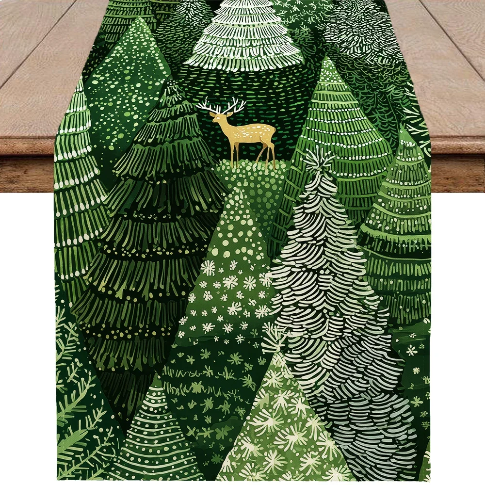 1pc Green Forest Christmas Table Runner Snow Season Tree Fawn Snowflake Tabletop Decor For Christmas Kitchen Table Home Decor