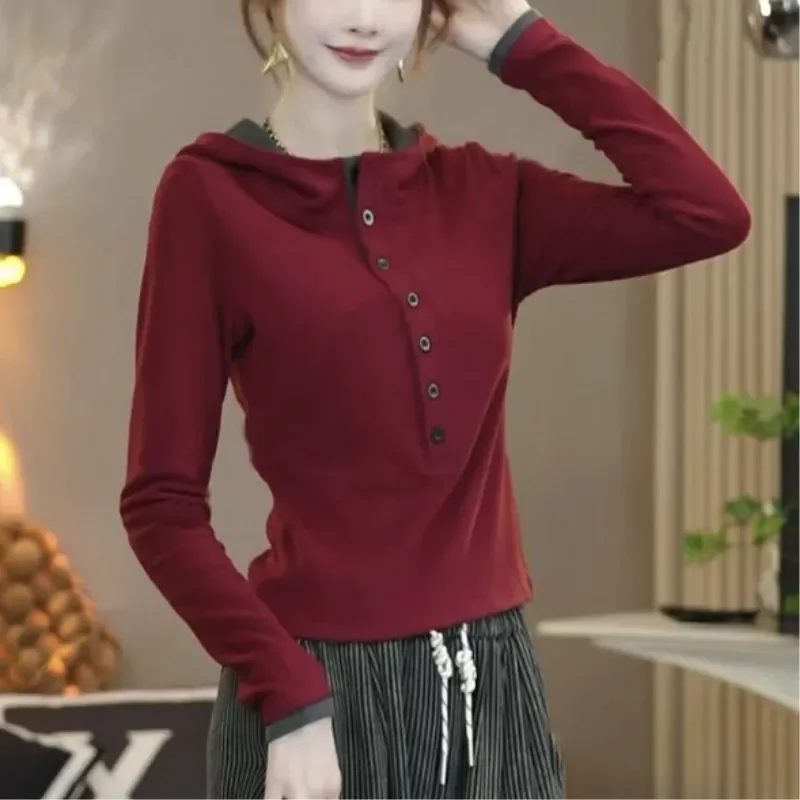 Women's Double Face Fleece Hooded Color Block Fake Two Piece T-Shirt Button Front Slim Fit Long Sleeve Autumn Winter Tops Women