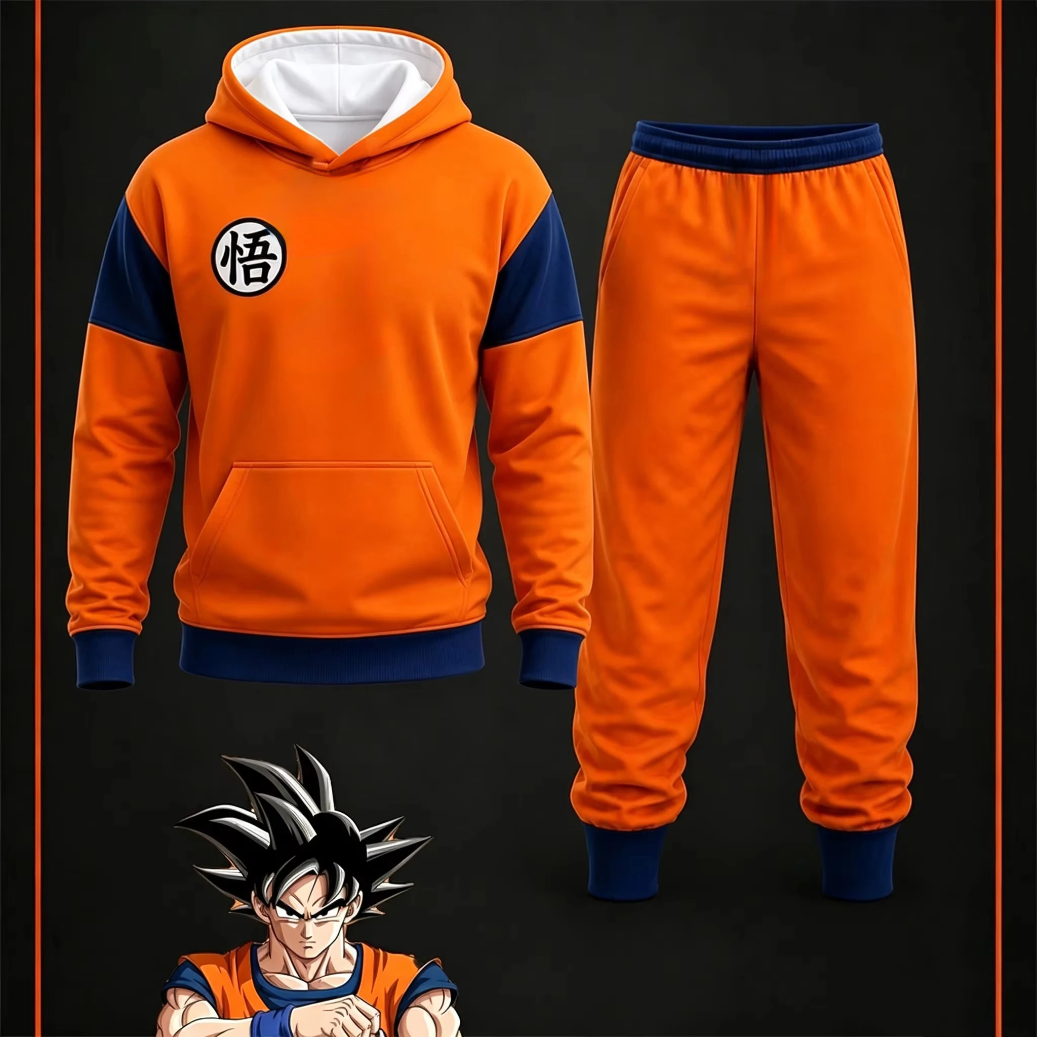 New Dragon Ball Goku Logo Hoodie Tracksuit 2Pcs Set Men Women Orange Hooded Sweatshirt + Jogger Pants Casual Sport Outfit