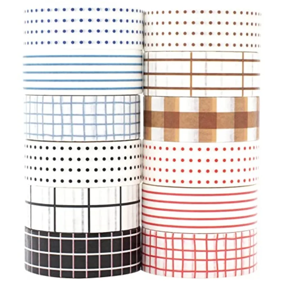 Basic Washi Tape Set 12 Rolls Dot and Grid Decorative Tapes for Journals, Planners, Scrapbooking, Gift Wrapping, DIY Crafts