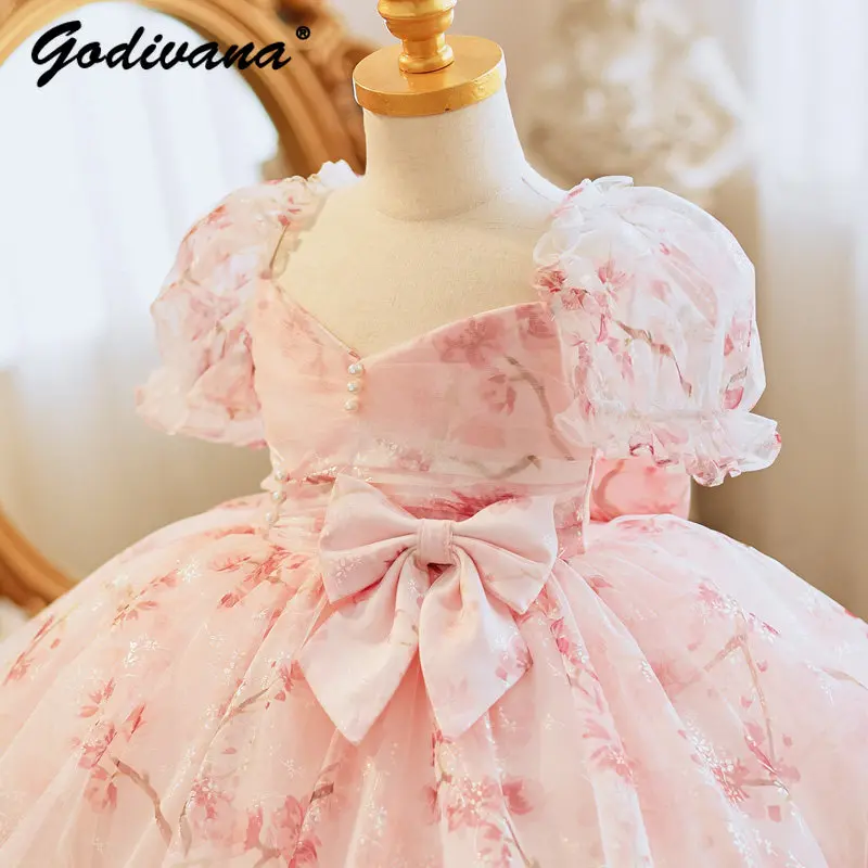 Sweet Toddler Girls Pink Flower Wedding Dress 2026 Summer New Childrens Floral Puff Sleeve Birthday Party Princess Evening Gown