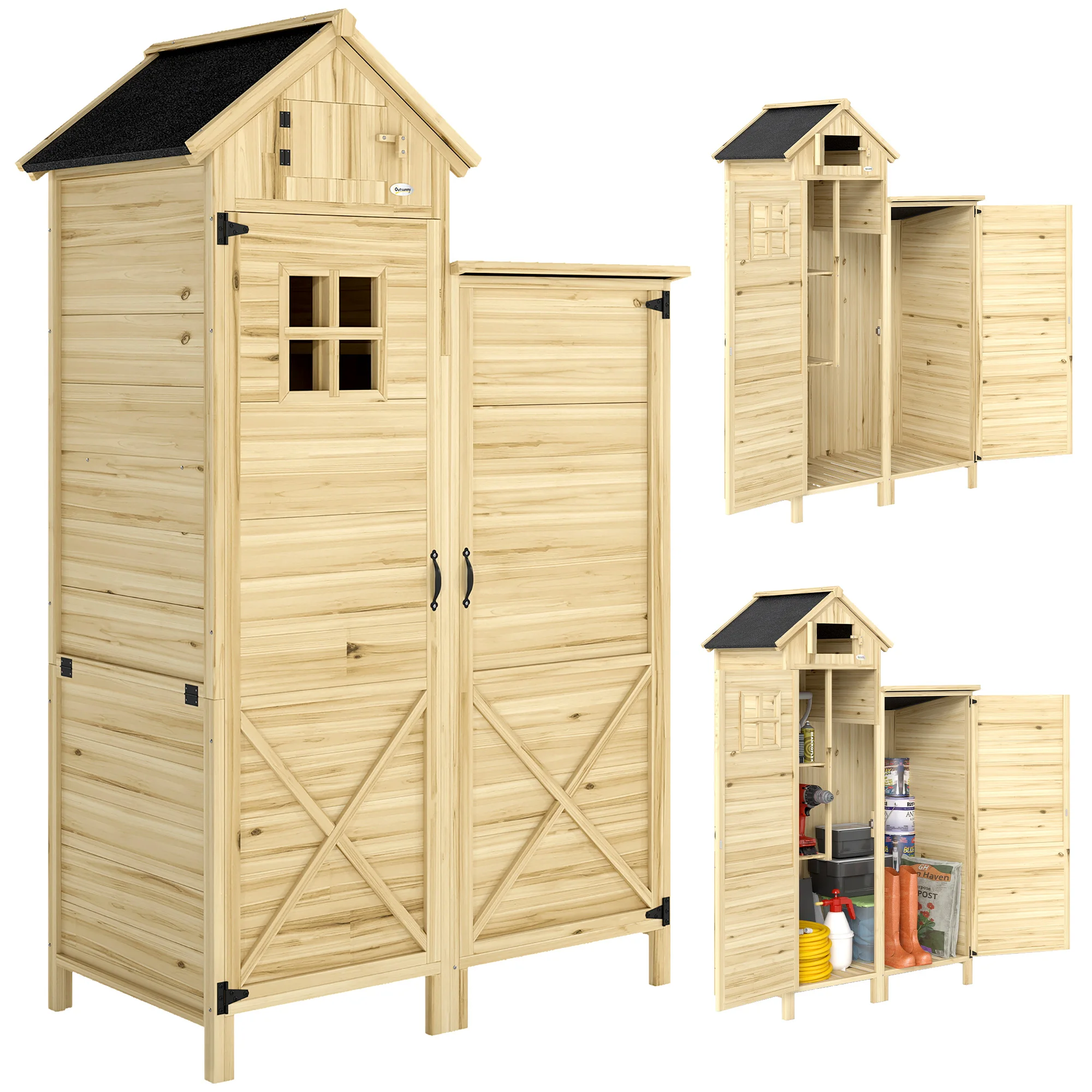 Outsunny Caseta de Jardín de Madera 106x57x167 cm con Doble Zona y 2 Estantes
