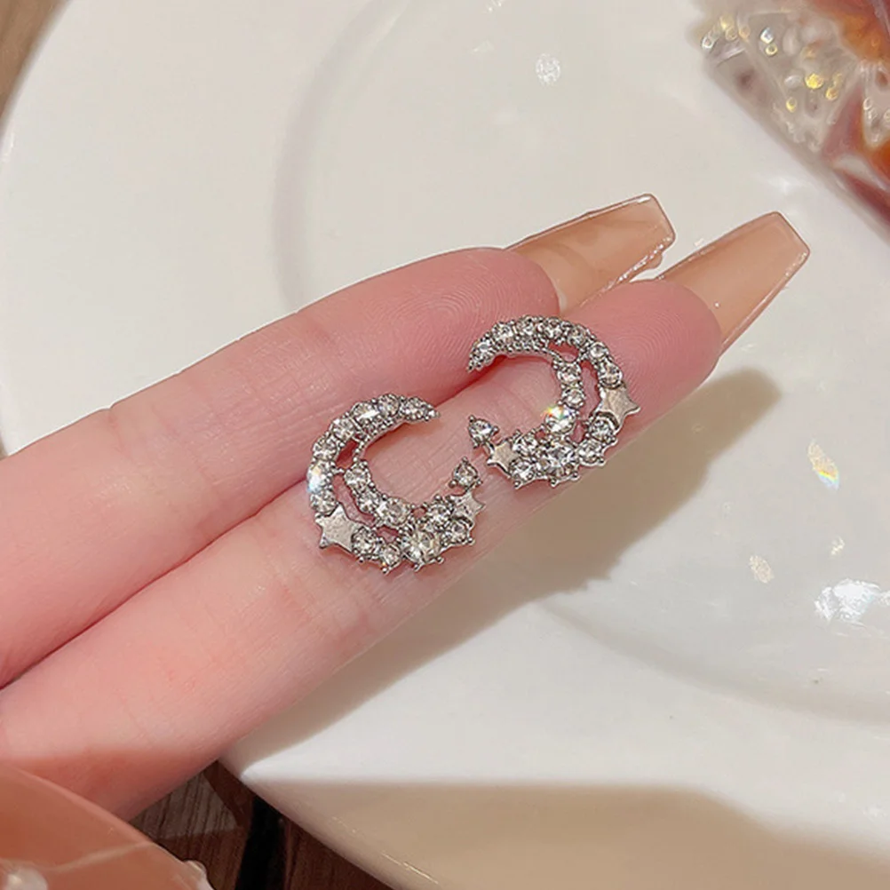 

1Pair Star Moon Earrings Studs Shiny Fashion Jewelry for Women Daily Banquet Elegant Sparkly Earrings