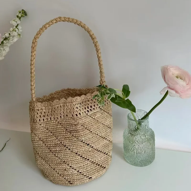 

Французская пляжная соломенная сумка через плечо, сумка-ведро с ромбовидным плетением, сумка с волнистым краем для повседневного использования, универсальная большая сумка для покупок с толстым ремнем