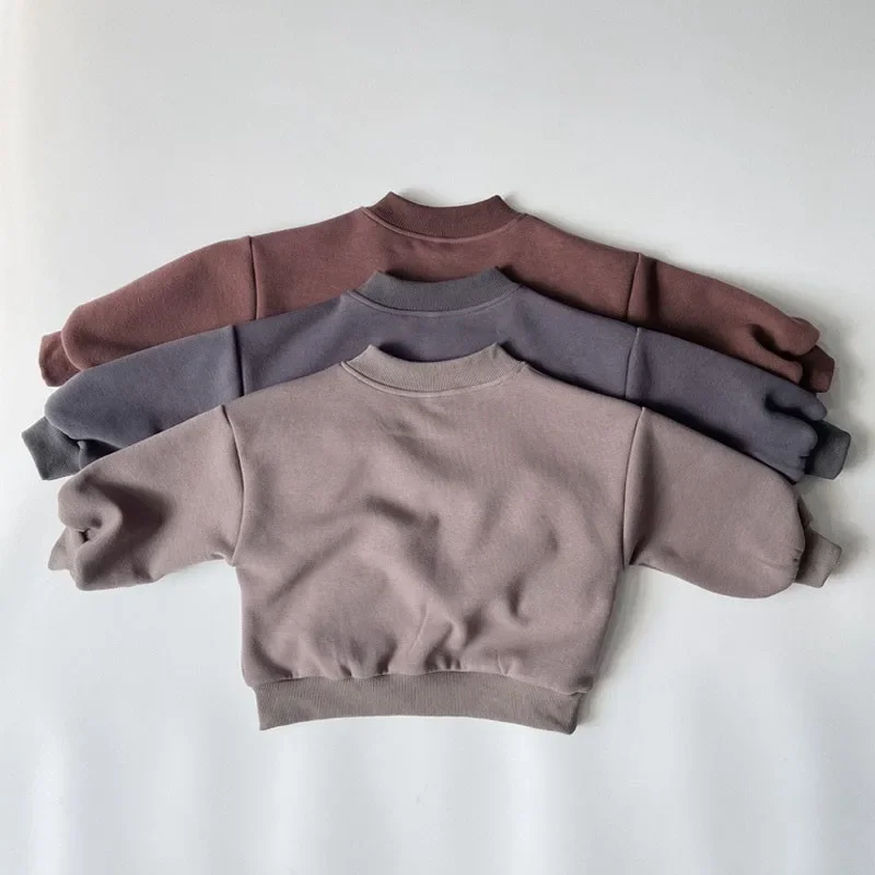 Fashion V Collar Pullover Sweatshirts Children Solid Simple Plush Warm Comfortable Tops Girls 2024 New One Piece Fleece Tees