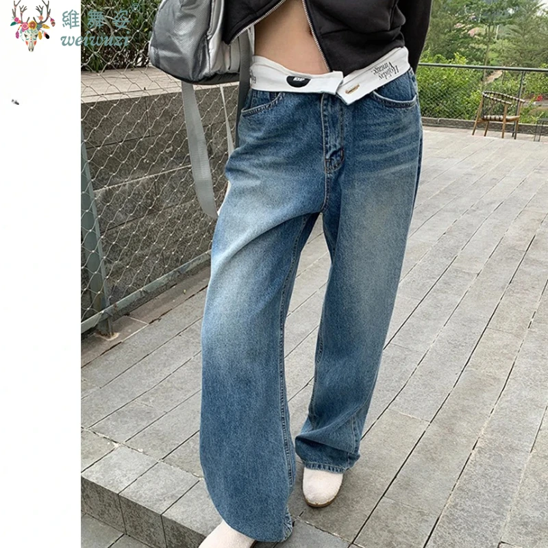 Pantalones vaqueros Vintage Y2k holgados para mujer, ropa de calle Kpop Gyaru, pantalones vaqueros azules anchos, moda coreana Harajuku, pantalones de cintura alta con giro