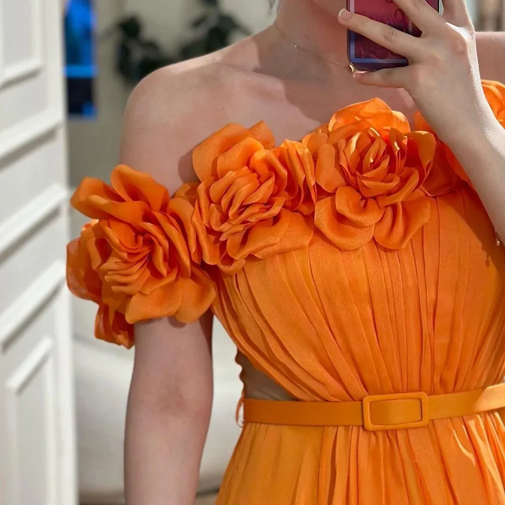 Robe de Soirée Drapée Orange Personnalisée pour Femme, Longueur au Sol en Fibre, Traîne de Balayage, Fleurs 3D, Quelle que soit la Tenue d'un Événement Spécial, 2025