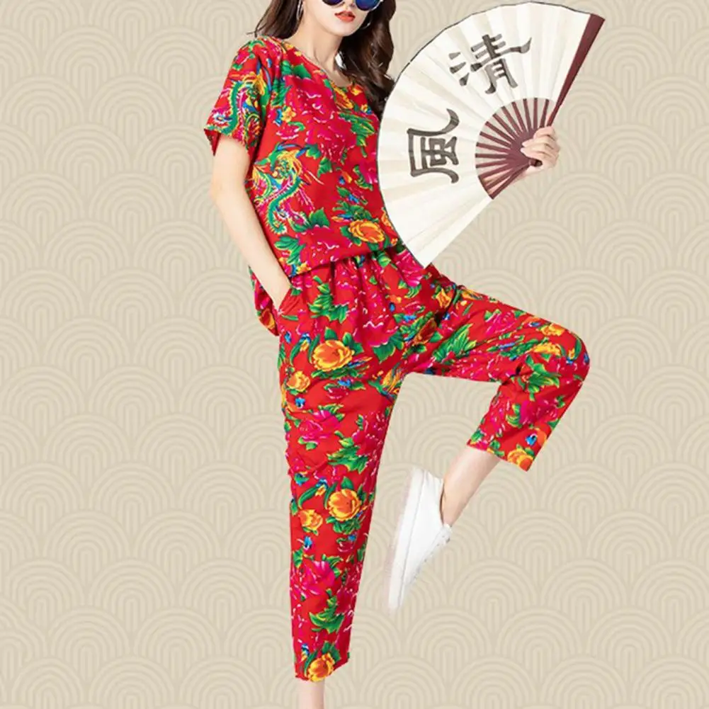 2 Pcs/Set Women T-shirt Pants Suit Chinese Northeast Flower Print Lady Outfit O Neck Short Sleeve Top Elastic Waist Pants Set