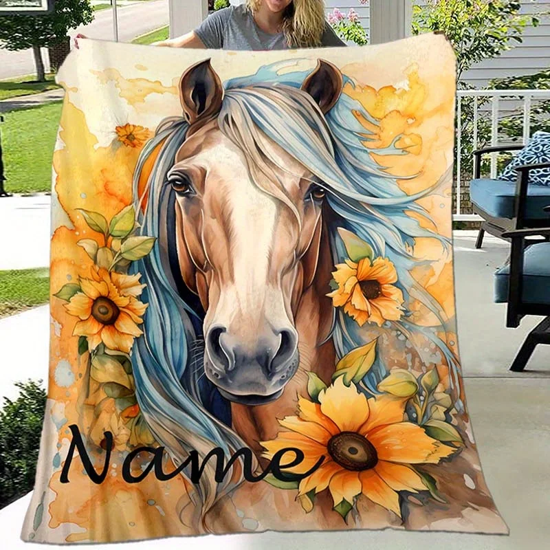 Personalisierte Decke mit individuellem Namen für Pferde und Sonnenblumen, weiche und warme Flanelldecke, geeignet für bequemes Nickerchen