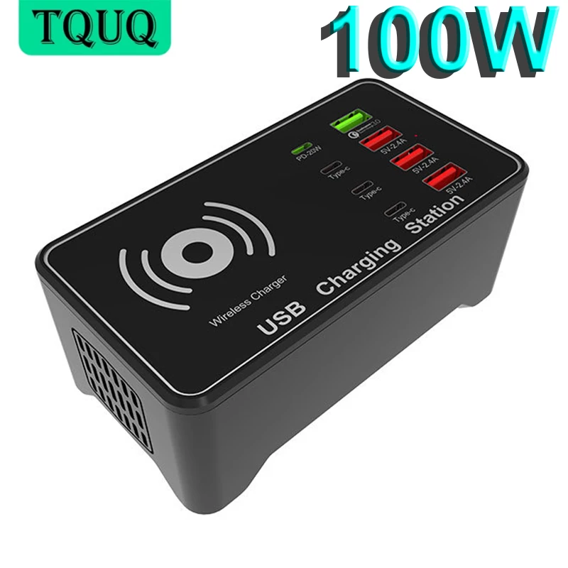 

TQUQ 100W 8-Port USB Fast Charger with 15W Wireless Charging, 4port Type C PD and USB-A Charging Station for Phones iPad Tablets