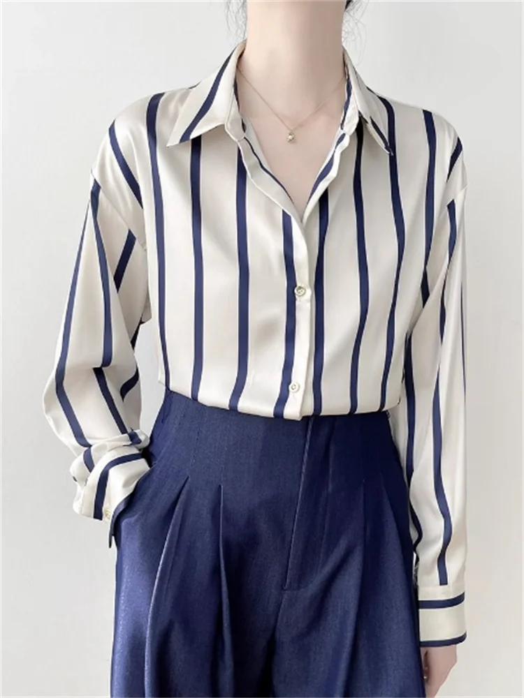 High Quality Satin Blouse Women Shirt Striped Shirt For Women Fashion Shirt OL Laple Long Sleeve Woman Clothes Blous Basic Shirt