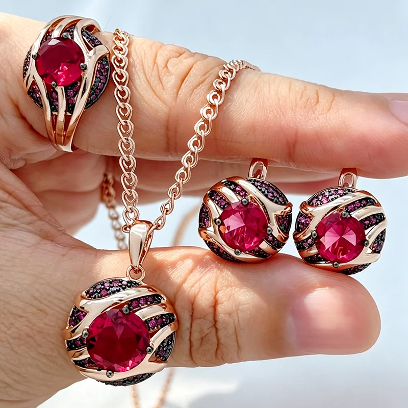 Kinel Hot Red Natürlicher Zirkon Ring Ohrringe Halskette für Frauen 585 Roségold Schwarzgold Farbmix Braut Hochzeitsschmuck Set