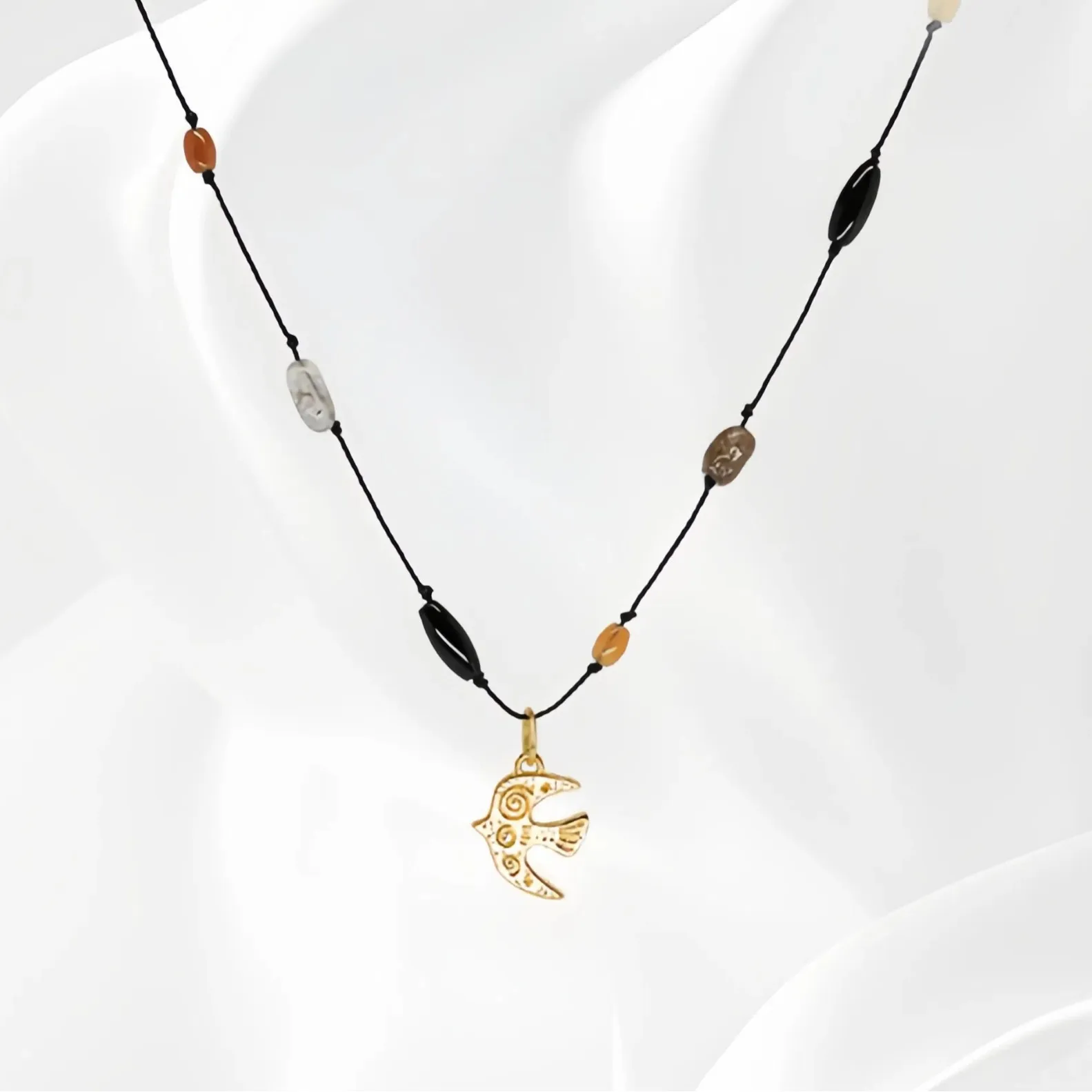 

Vacation Girls Braided Gold Bird Necklace Sunset Orange & Forest Brown natural stone Beads Bohemian Long Chain Adjustable