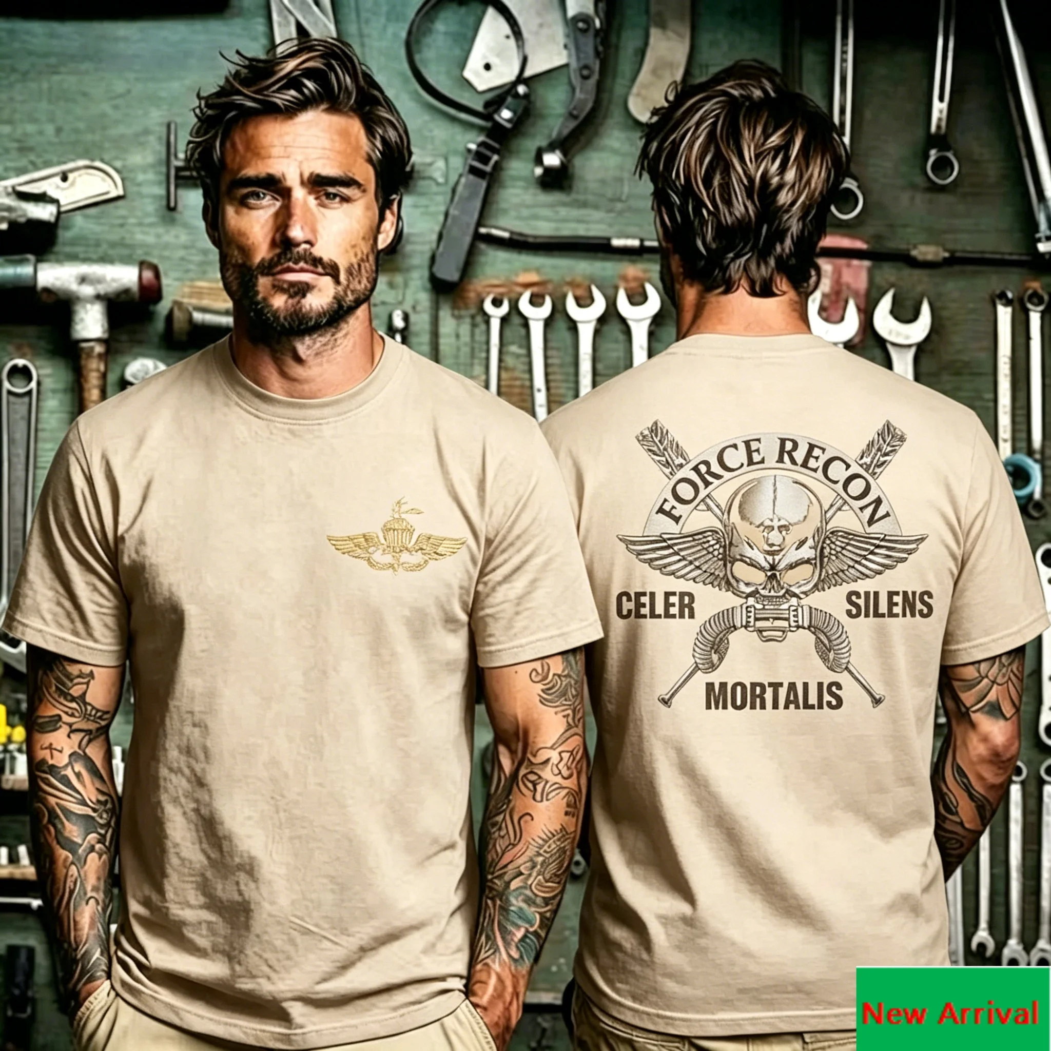 Force Recon Latin Slogan Double Sided Print T Shirt, Retro Marine Tactical Skull Graphic, Unisex T Shirt for Men Women