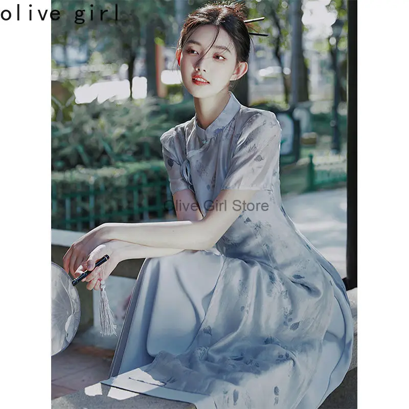 فستان صيني تقليدي محسّن شيونغسام للفتيات الصغيرات بدلة شاي صيفية مكونة من قطعتين فستان على الطراز الصيني تشيباو