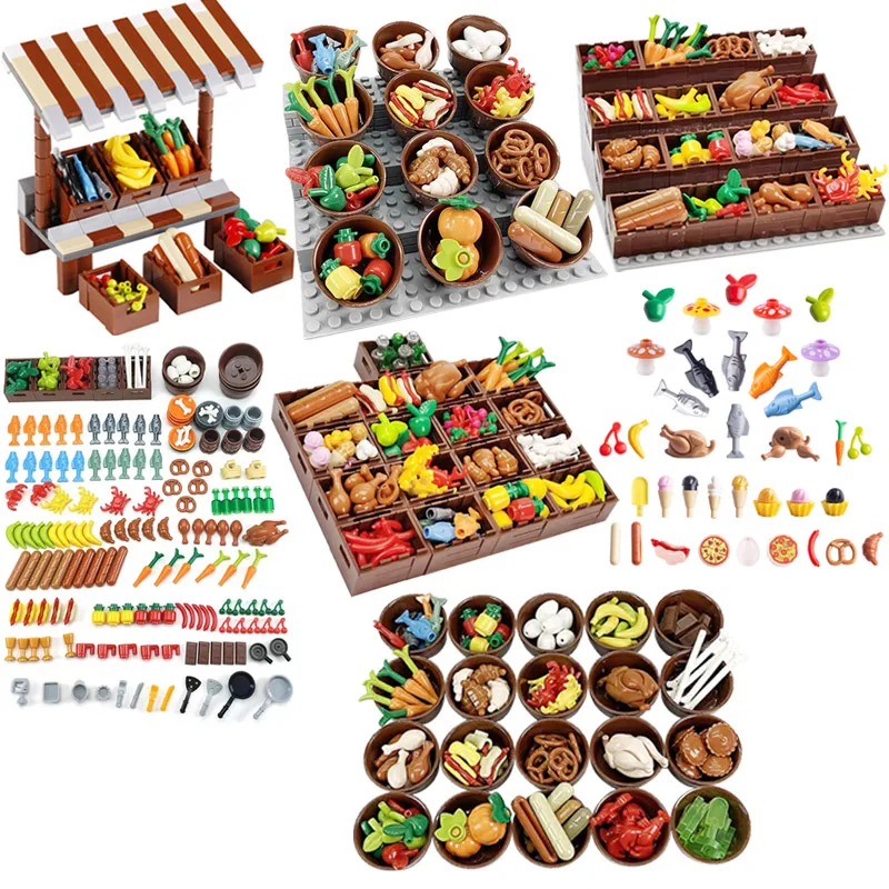 MOC City Street Shop Building Block Figures Accessories Food Fruit USB Light Luminous Strip Kit Mini Particle Brick Toys For Kid