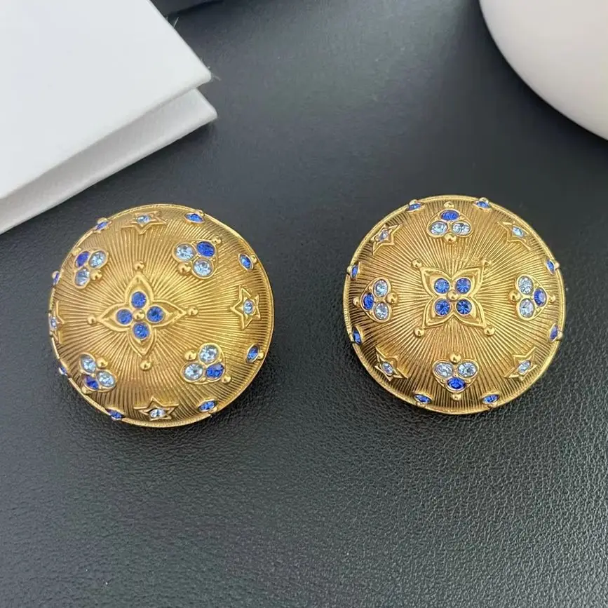 Europe Vintage Blue Crystal Gold Round Earring Ear Clip Women High Quality Designer Jewelry Trend