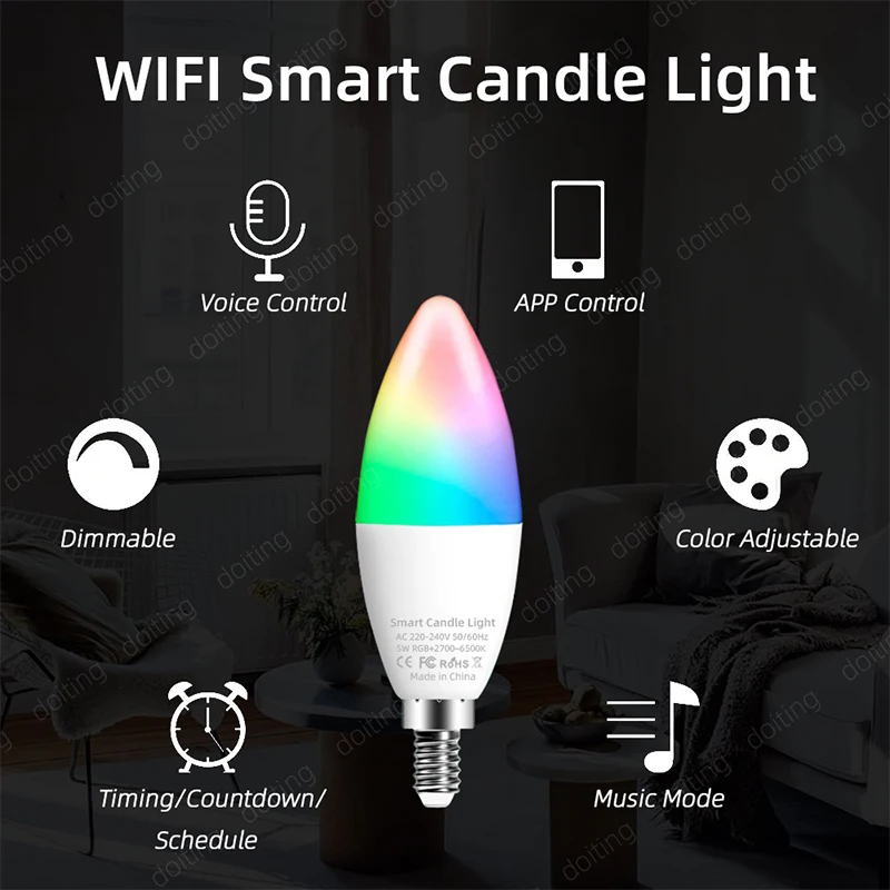 E14 Bluetooth Wifi Tuya Smart Led Chandelie Light Bulb RGB Color Change Lamps Smart Life APP Dimmable Alexa Google Home Voice