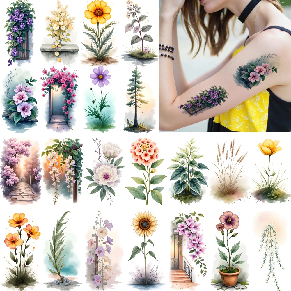 

9pcs Temporary Tattoo Flowers Waterproof Long-lasting Body Stickers Trees Plants Temporary Tattoo Stickers For Cheeks Shoulders