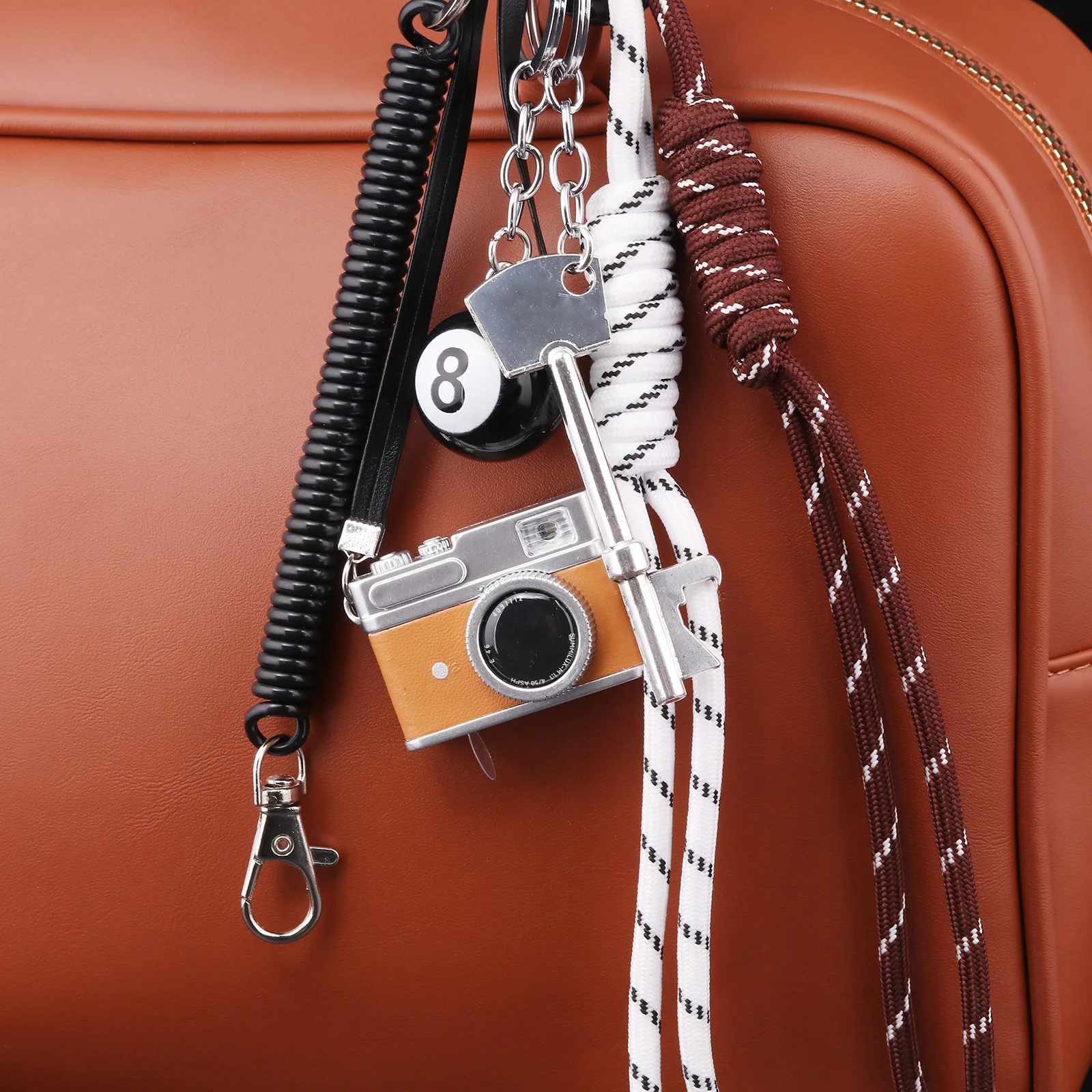 Creative Fashion Large camera Black 8 Billiards Keychain Pendant Y2K Girl Style Bag Pendant Mobile Phone Lanyard Accessories