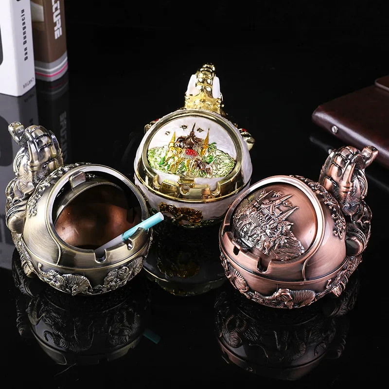 Sunchamo Metal Craft Creative Personality Elephant Zinc Alloy Windproof Ashtray with Lid Ornaments Manufacturers Wholesale Gifts