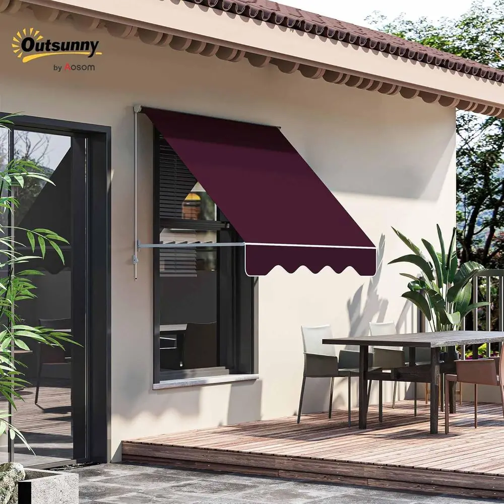 6' Manual Drop Arm Retractable Window Awning, Dual Window Coverage, Wine Red Outdoor Sun Shade for Patio and Balcony