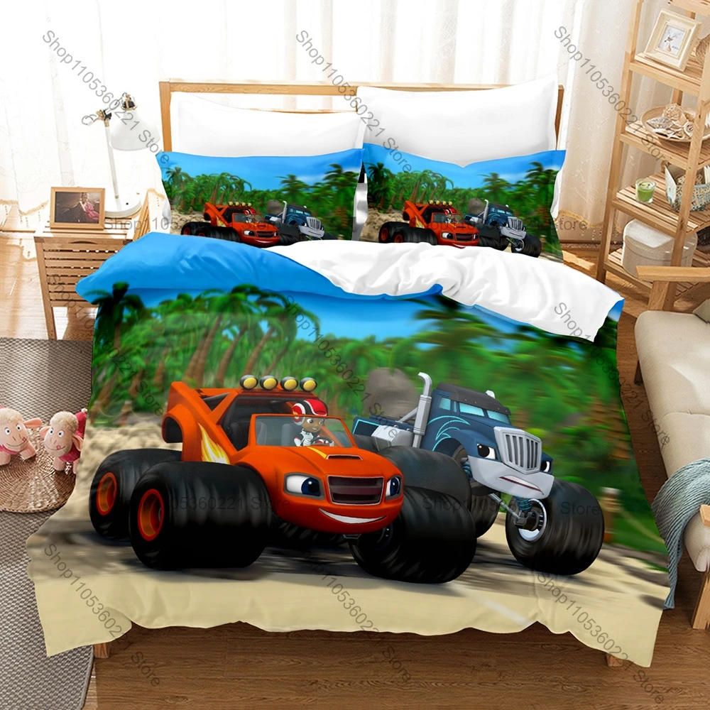 Blaze Monster Machines Theme Bedding Set 3 Pieces Kawaii Truck Print Quilt Cover Set Twin Full Queen King Size with Pillowcases