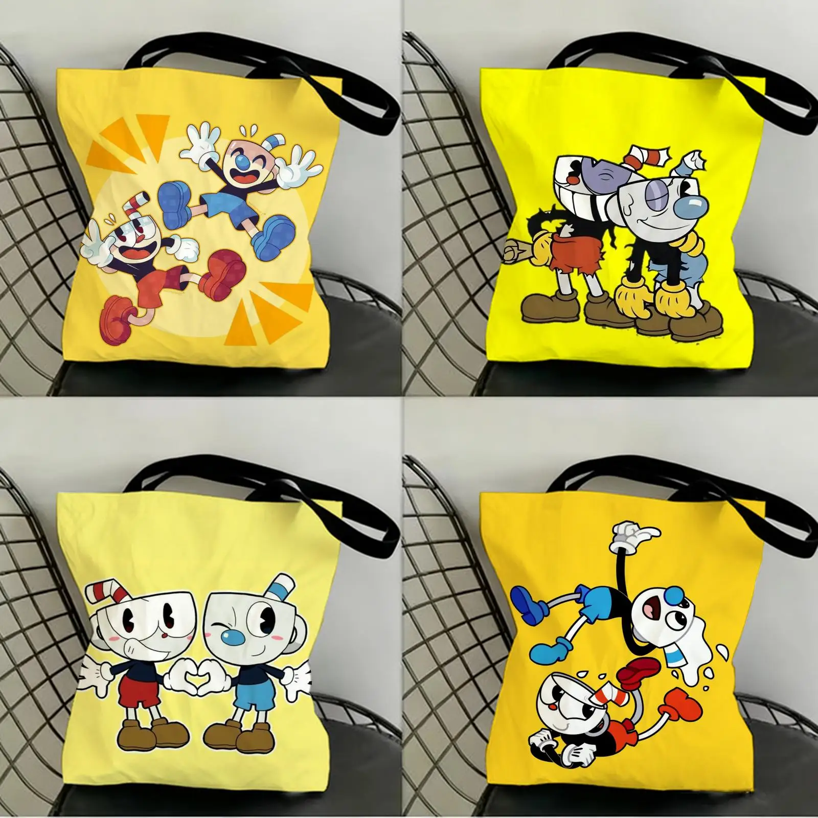 

Classic Cute Game C-Cuphead Storage Bags Canvas Double-Sided Print Fashion Shoulder Tote Shopping Bag Gift Eco Handbags
