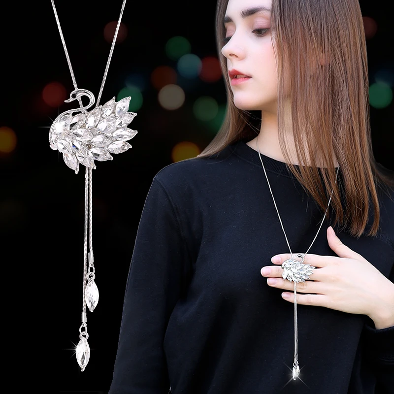 Fashion Crystal Butterfly Swan Snowflake Pendant Long Tassel Necklace Women Sweater Snake Chain New Jewelry