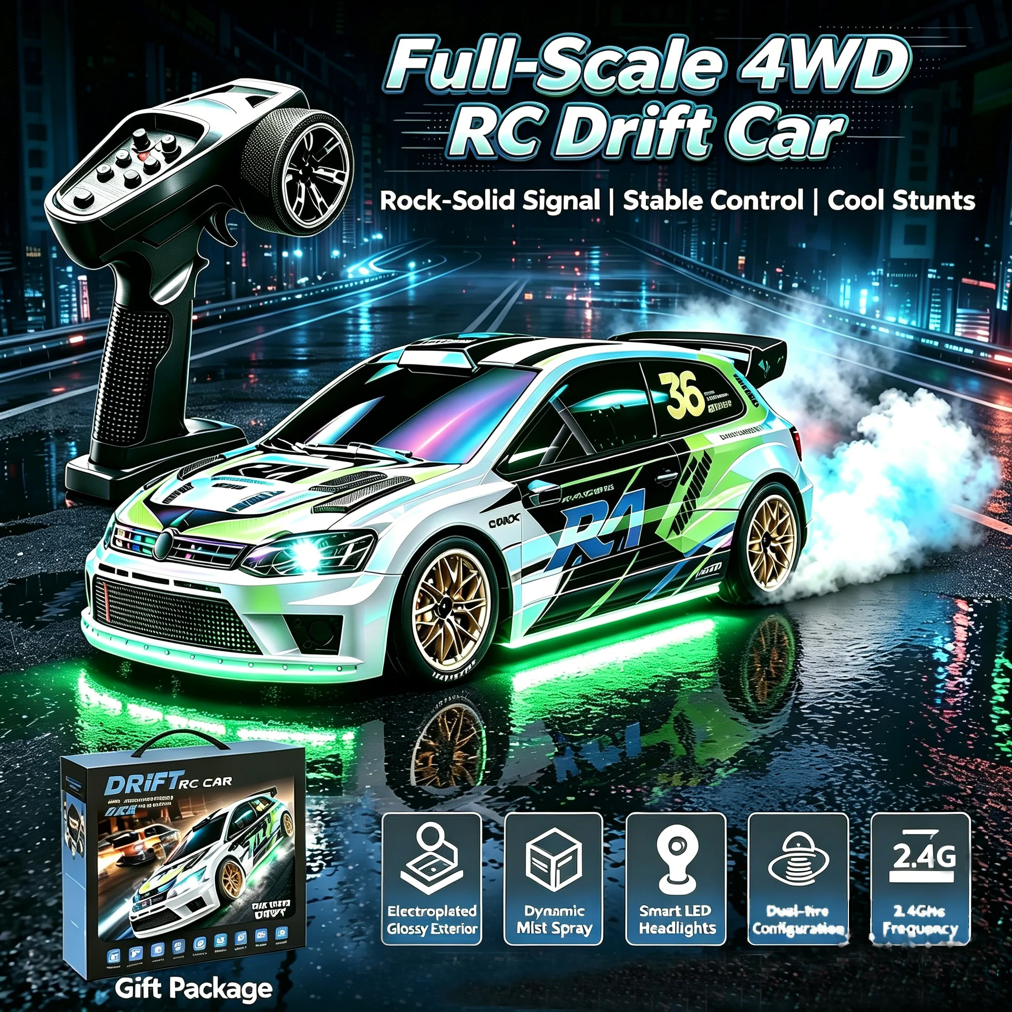 RC Drift Car Full Scale 1:16 2.4G 4WD with LED Lights High Speed and 2 Speed Modes Rechargeable Racing Toys Gift for Kids Adults