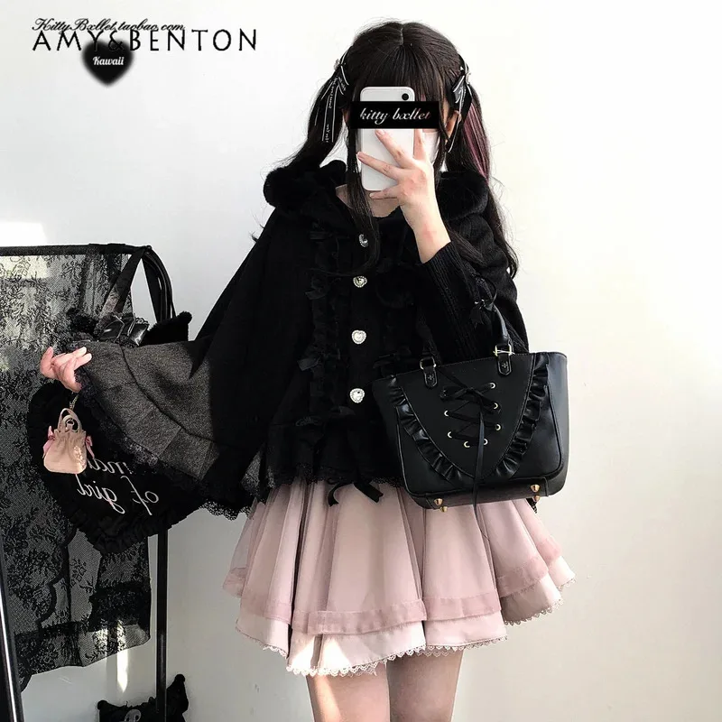 

25COSJapanese Mines Sweet Girl, плюшевая вязаная накидка с капюшоном, кардиган, осень-зима, милая любовь, однобортный кружевной плащ с рюшами, открытка