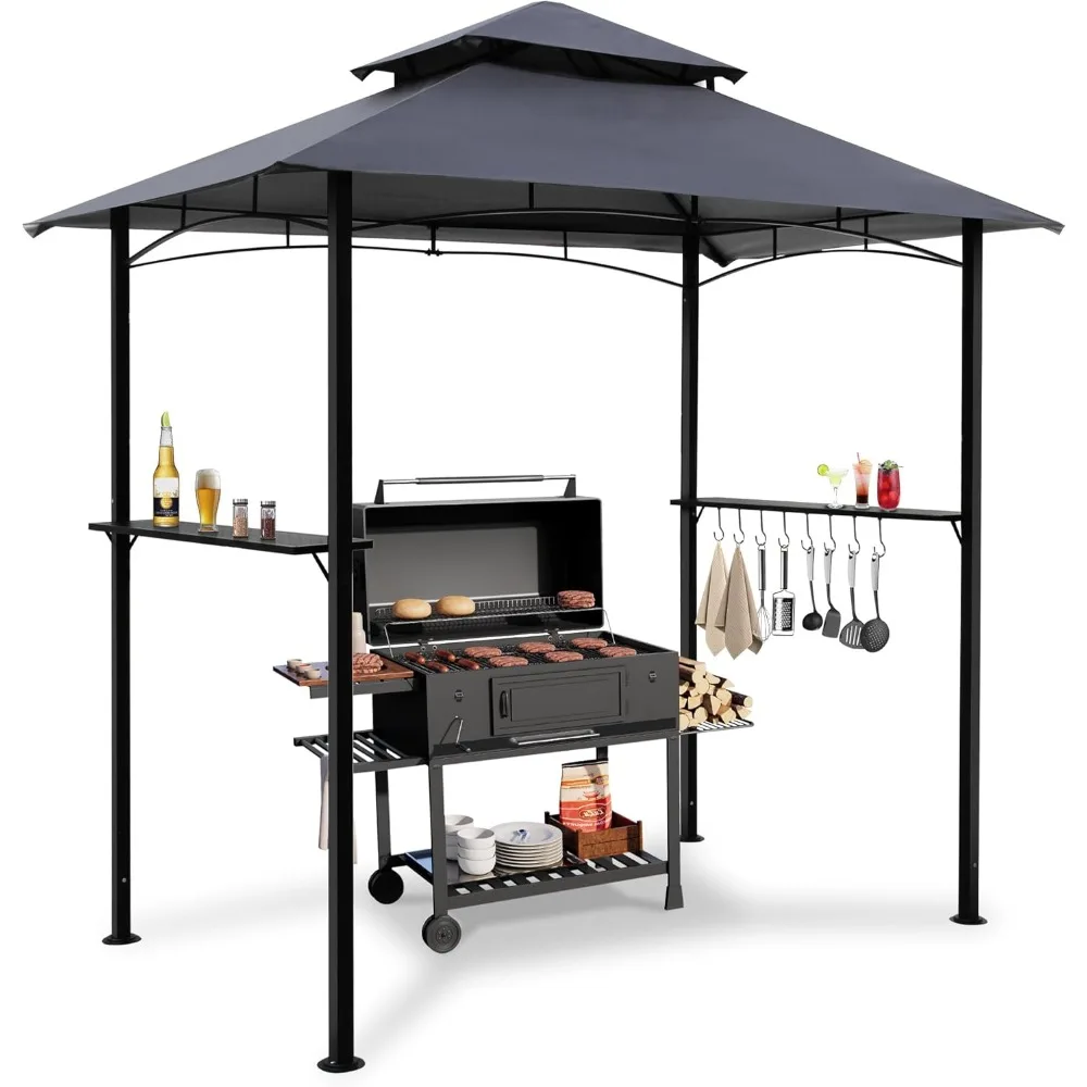 

8'x 5' Grill Gazebo Canopy, Outdoor BBQ Gazebo with Led Light, Barbeque Gazebo Shelter for Patio (Grey)