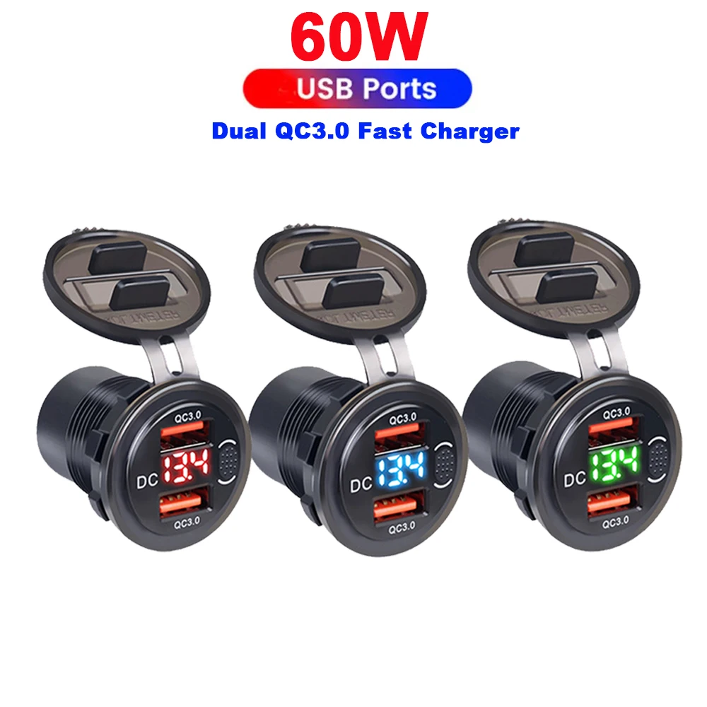 Dual QC Car USB Charger Socket with Button Switch Digital LED Voltmeter Car Charger Adapter Outlet Power 12V/24V for Car Boat RV