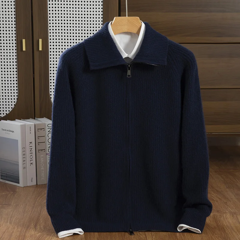 남성용 100% 캐시미어 스웨터, 잉곳 바늘, 7 개의 바늘, 두꺼운 지퍼 칼라, 다목적 스타일, 가을 및 겨울 신상