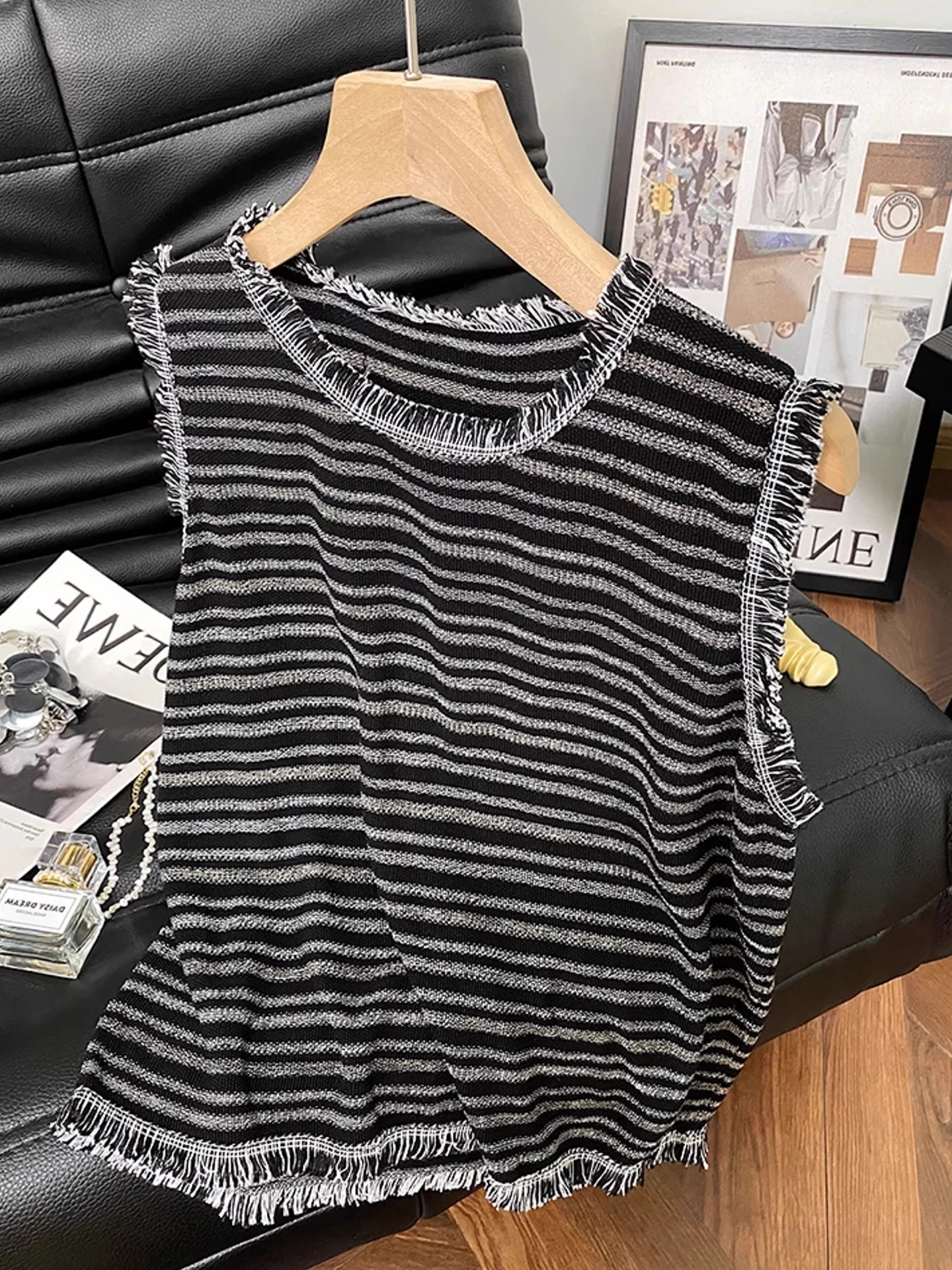 

Уникальный корейский вязаный жилет в полоску с кисточками, летний топ большого размера, удобный крой, повседневный ленивый сле