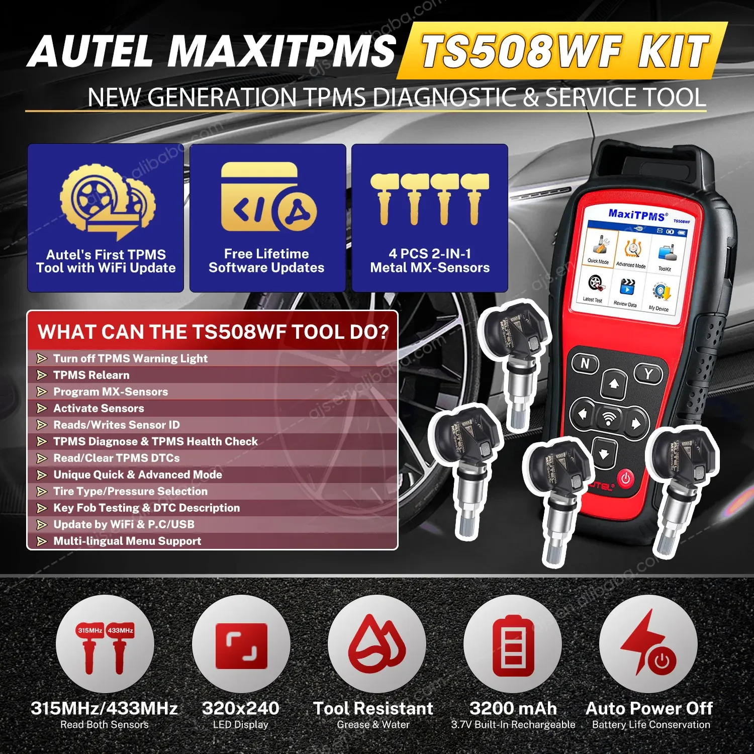 Autel TS508WF TPMS Car Diagnostic Tool 4 MX Sensor Tire Pressure Monitoring OBD2 Scanner Altar TS508 With WIFI Function