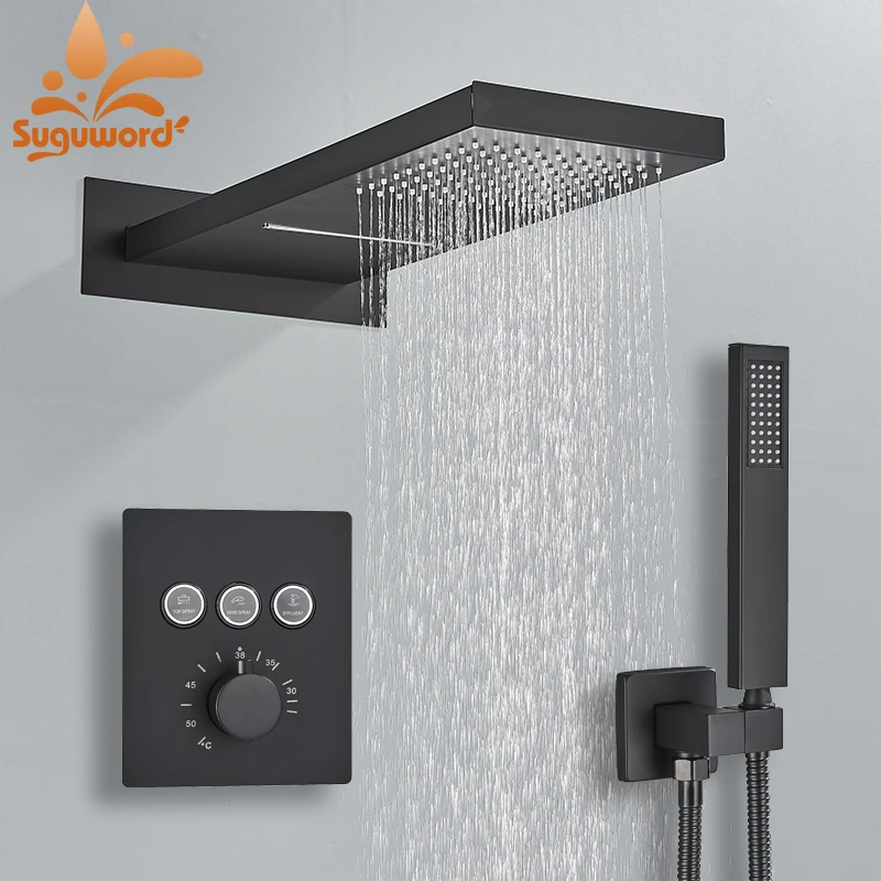 Matte Black Thermostatic Bathroom Shower Faucet Wall Concealed Rainfall Waterfall Headshower Cold Hot Water Mixer Shower System