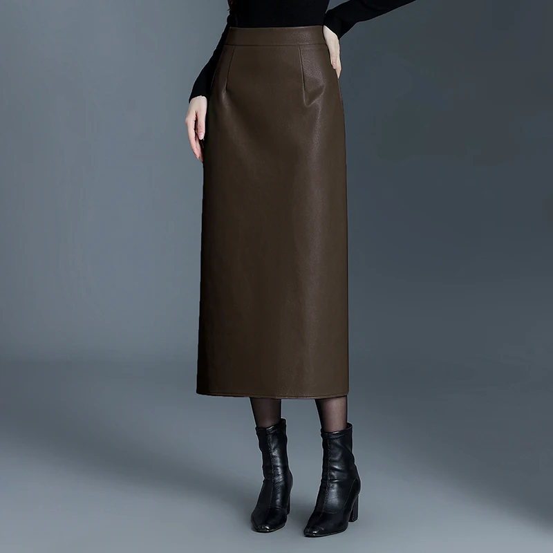ZUZK Vrouwen Nieuwe PU Lederen Bodycon Rokken Rechte Rok Herfst Winter Hoge Taille Chic Eenvoudige Veelzijdige PU Lange Rok