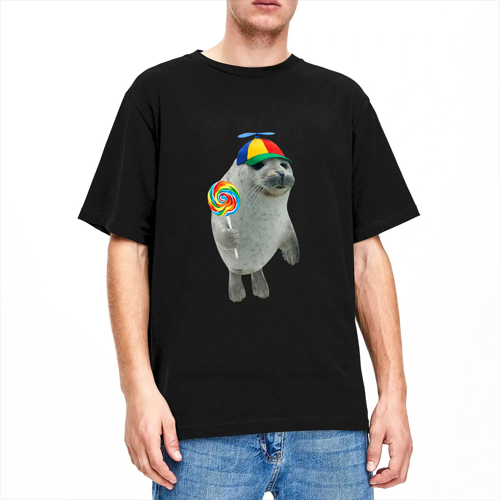 Streetwear T-Shirt Summer Neil the Seal with Lollipop Meme Cool T-Shirts  Cotton Tee Shirt for Men Y2K Basic Short Sleeve Tops
