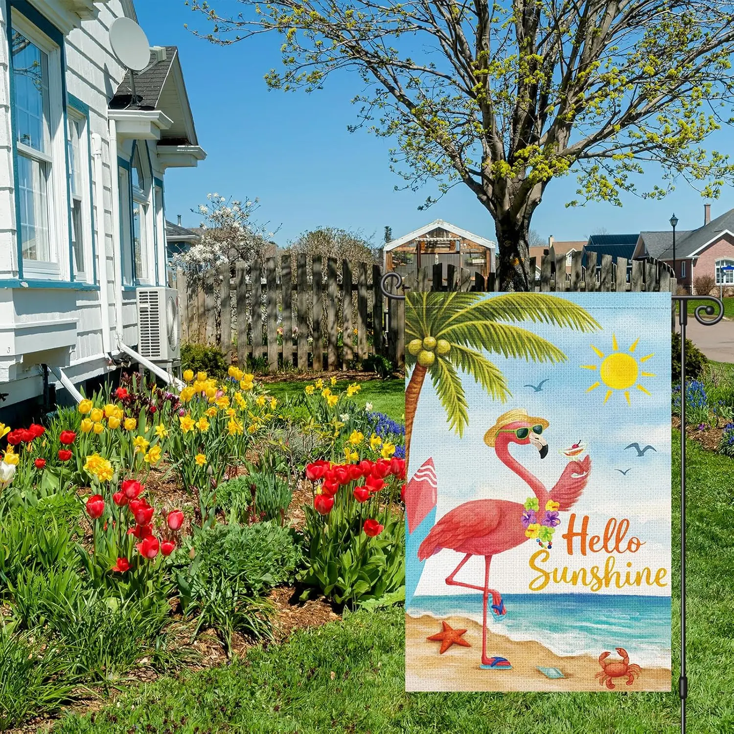 Louise Maelys Summer Garden Flag 12x18 Inch, Hello Sunshine Flamingo Beach Yard Flag, Tropical Outdoor Double Sided Banner S AAS