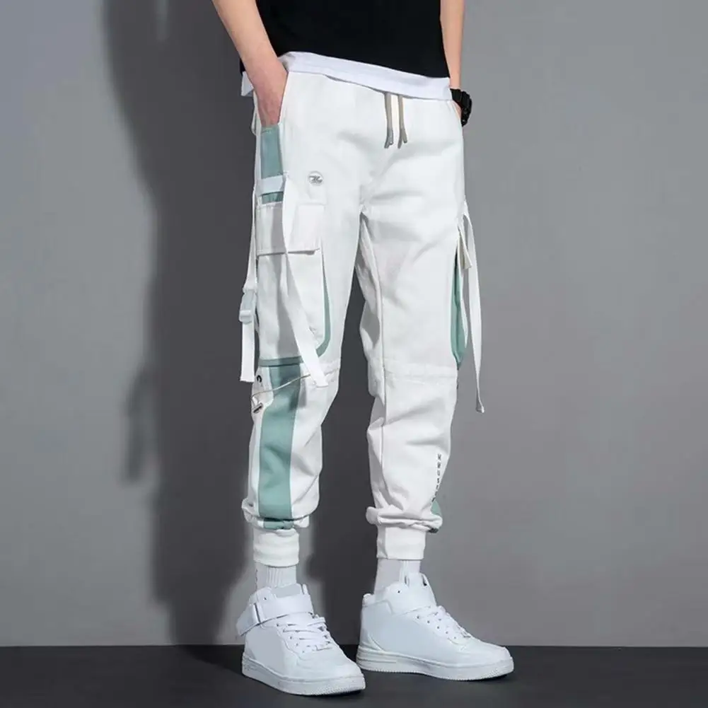 Men Street Style Trousers Men Cargo Pants Hop Streetwear Cargo Pants with Strap Decor Multi Pockets Elastic Waist for Men