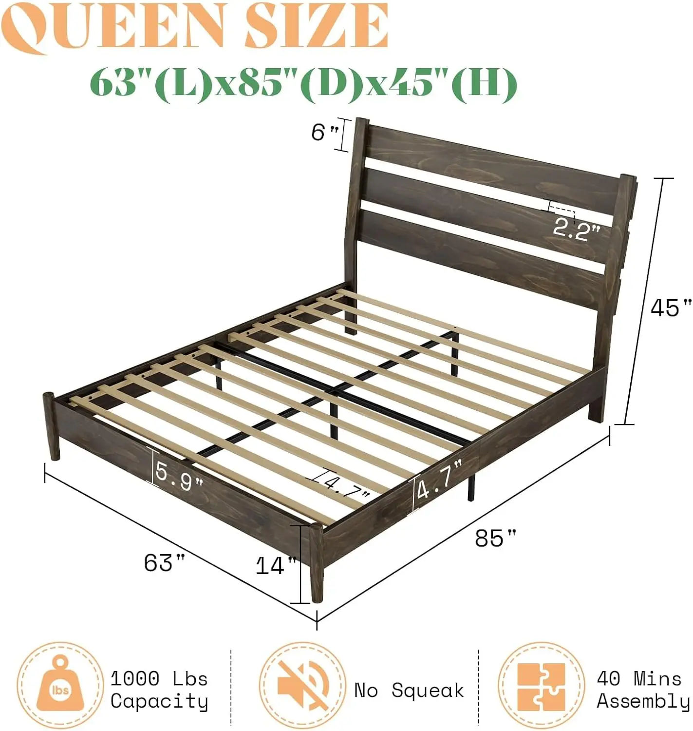 Mid Century Platform Bed with Reclining Slatted Headboard, Wood Slat Support/No Box Spring Needed/Noise Free