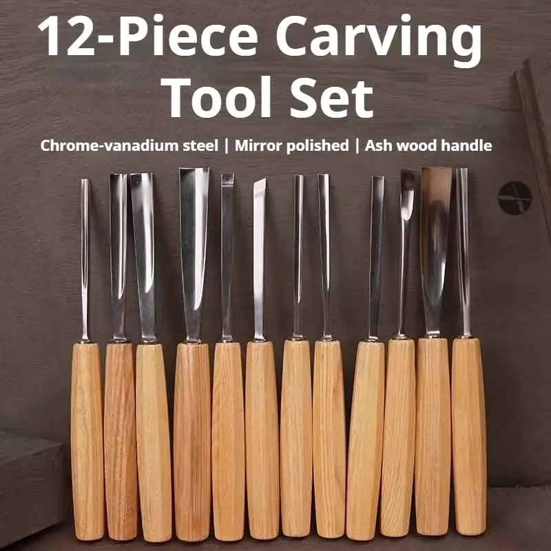 12 Piece Wood Carving Chisel Set Chrome Vanadium Steel Mirror Polished Professional DIY Hand Carving Craft Woodworking Tool