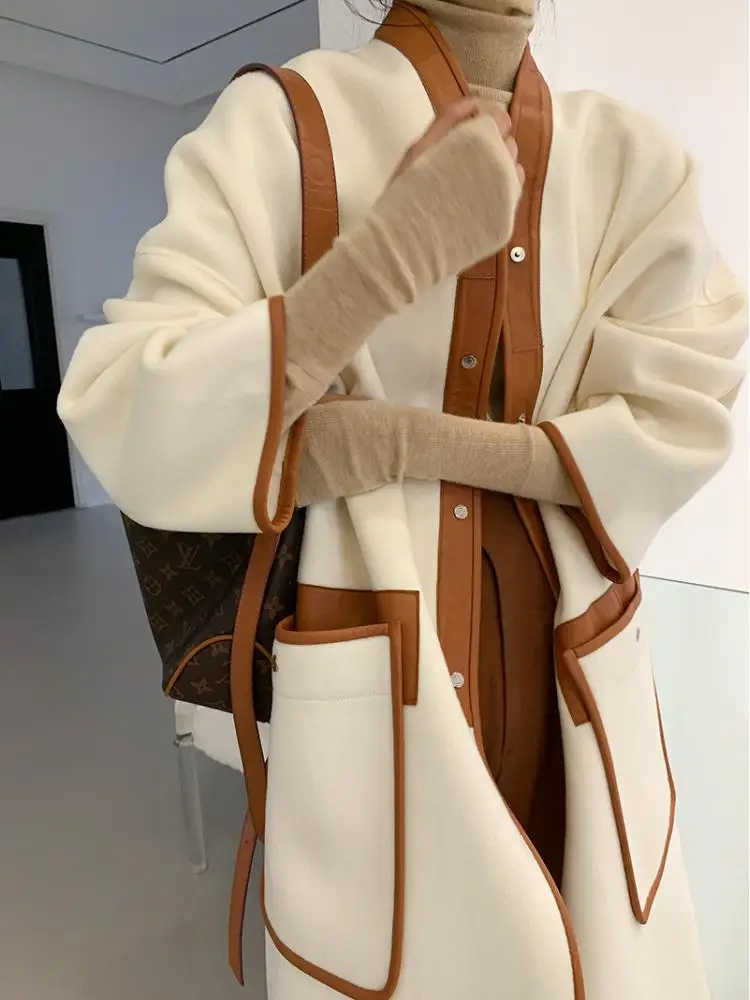 Sheepskin Edging Tassel Scarf Design Double-Sided Woolen Jackets 2023 Autumn/Winter Long Loose Women Wool Coats Outerwear