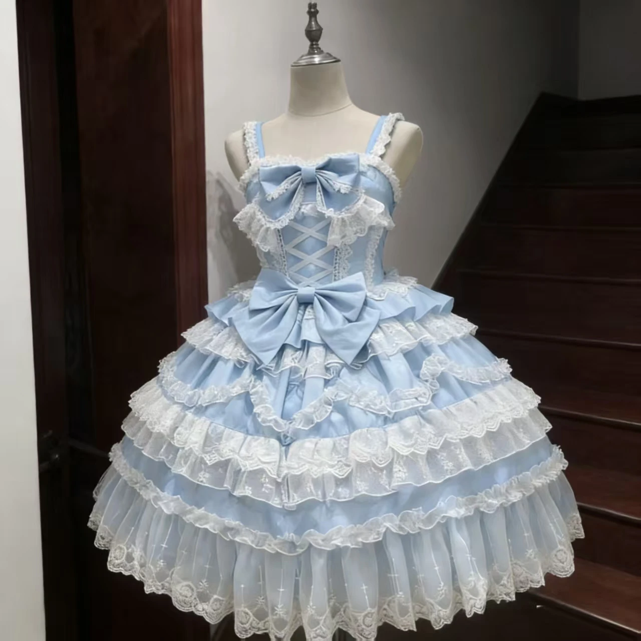 Sweet Light Blue Lolita JSK Dress Women Lace Ruffle Tiered Skirt Bow Decor Strap Vintage Princess Tea Party Kawaii Gothic Dress