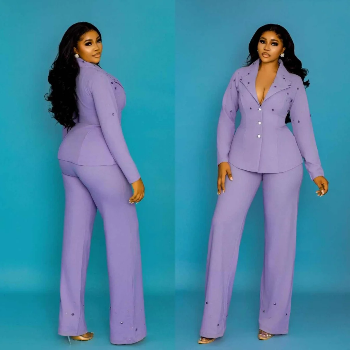 Trajes elegantes con cristales para mujer, trajes con cuello en V y una hilera de botones para oficina, trabajo de talla grande para fiesta de cumpleaños, trajes personalizados de 2 piezas