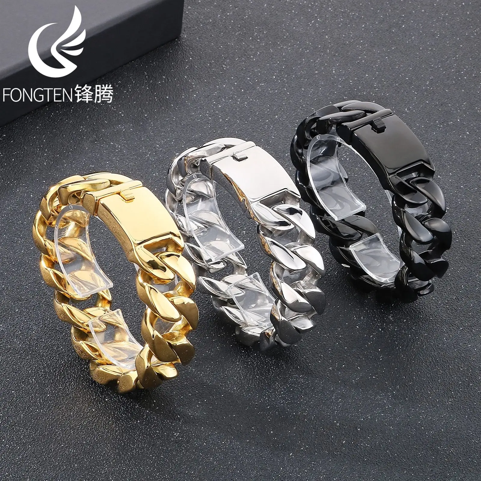 Fongten Geometric Domineering Stainless Steel Bracelet Men Punk Cuban Chain Leisure Office Matching Chunky Jewelry Fashion Gifts